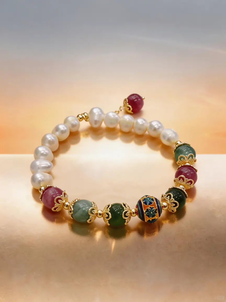 Natural Tourmaline and Pearl Bracelet
