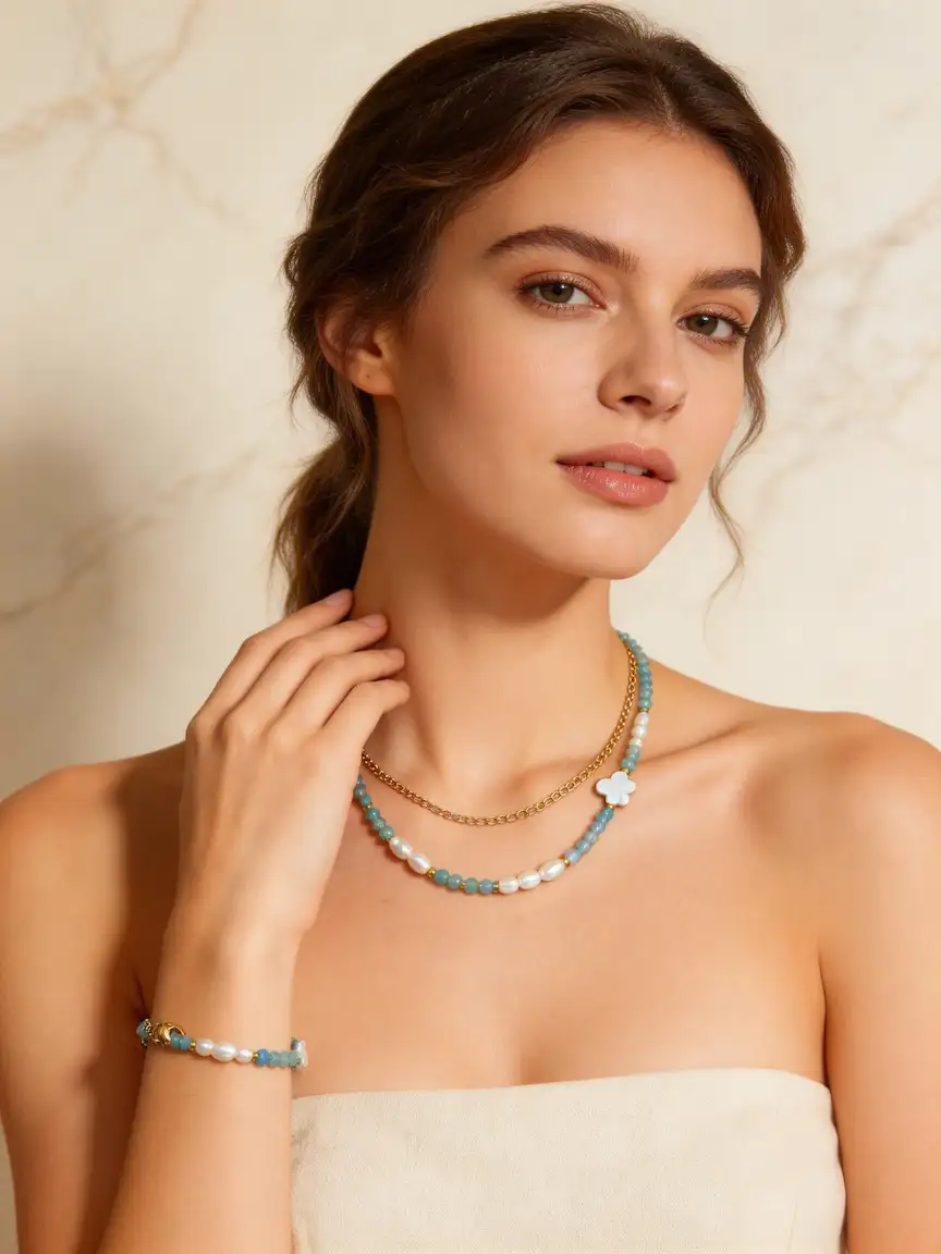 Aquamarine Natural Stone Mother-of-Pearl Necklace