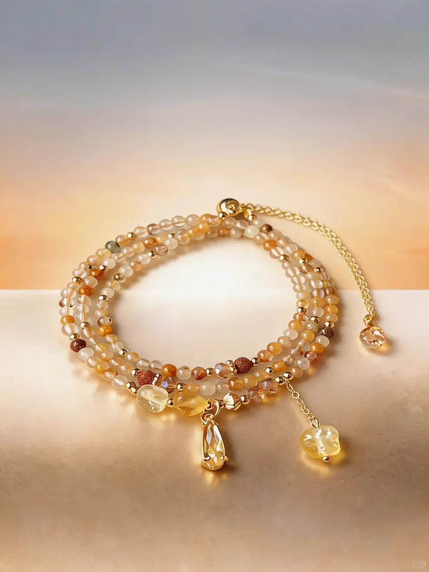 Yellow Rabbit Hair Citrine Golden Rutilated Quartz Triple Strand Bracelet