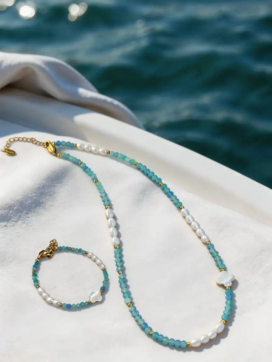 Aquamarine Natural Stone Mother-of-Pearl Necklace - Image 2
