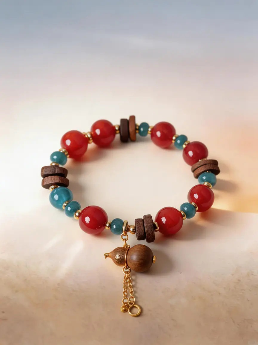 Chinese Style Red Agate Beaded with wood