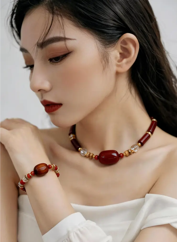 Natural Red Stone Necklace and Bracelet