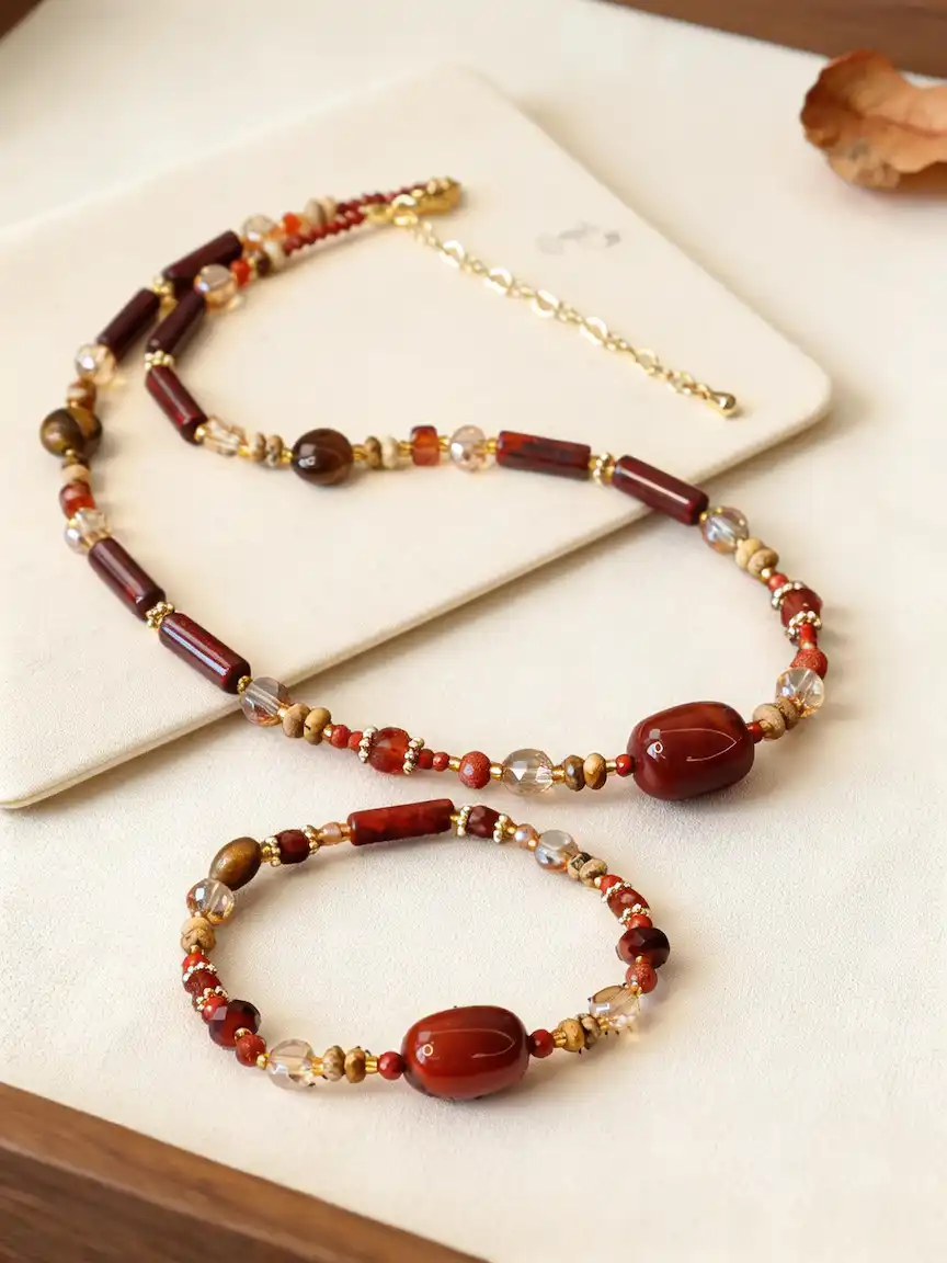 Natural Red Stone Necklace and Bracelet - Image 3